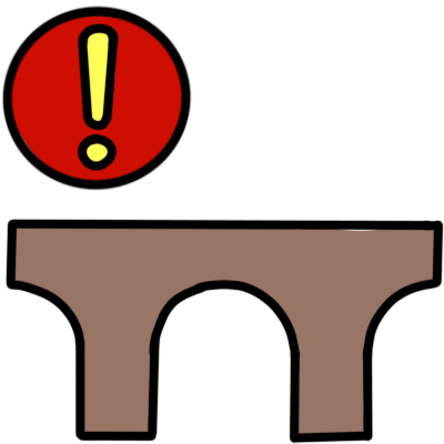 a simple brown beam bridge shape. above it is a bright red circle with a yellow exclamation mark